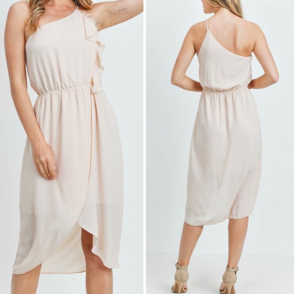 ONE SHOULDER RUFFLE WRAP CREAM DRESS